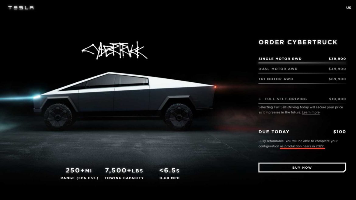 Productiestart van de Tesla Cybertruck is vertraagd.